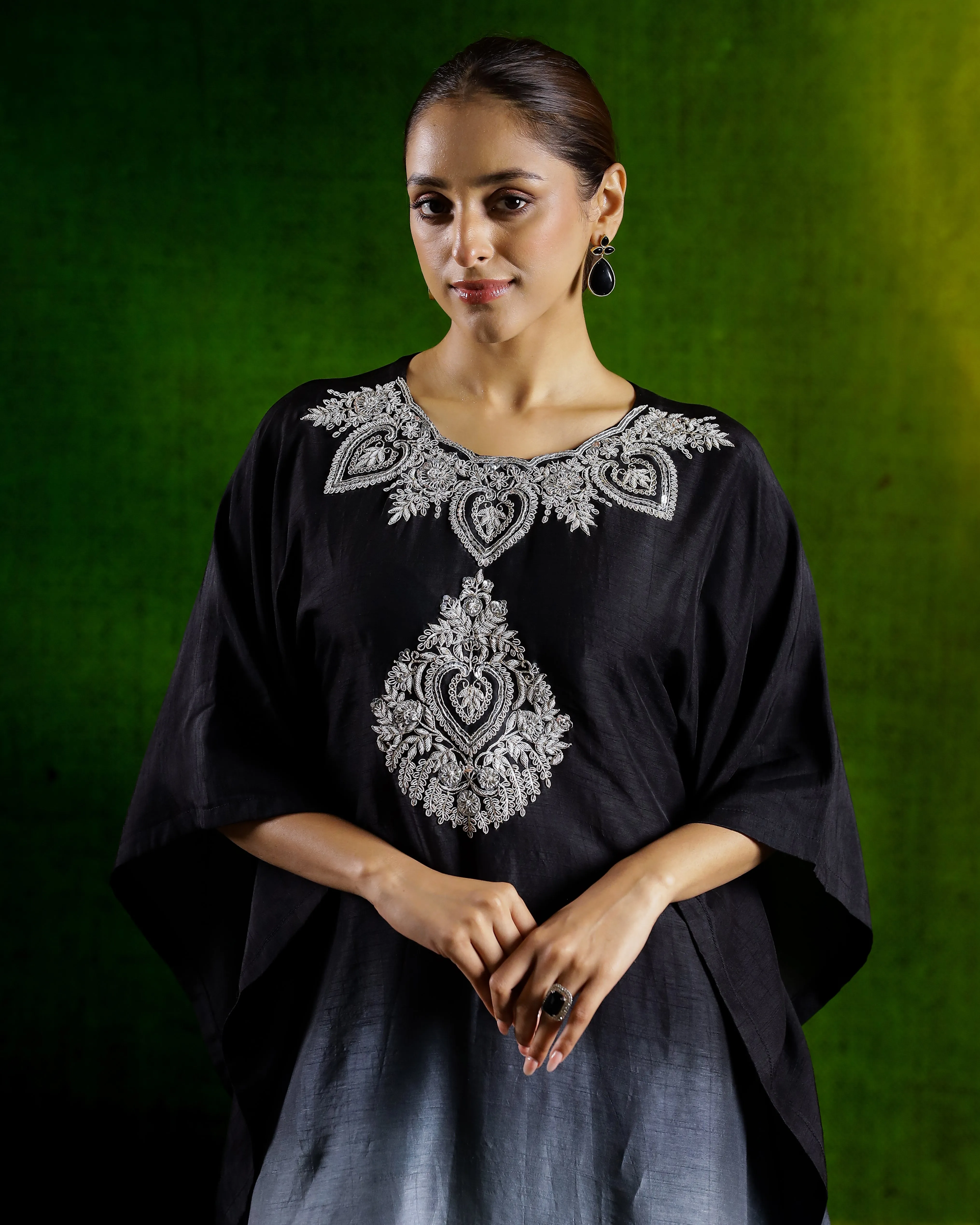 Black Embellished Raw Silk Kaftan Set