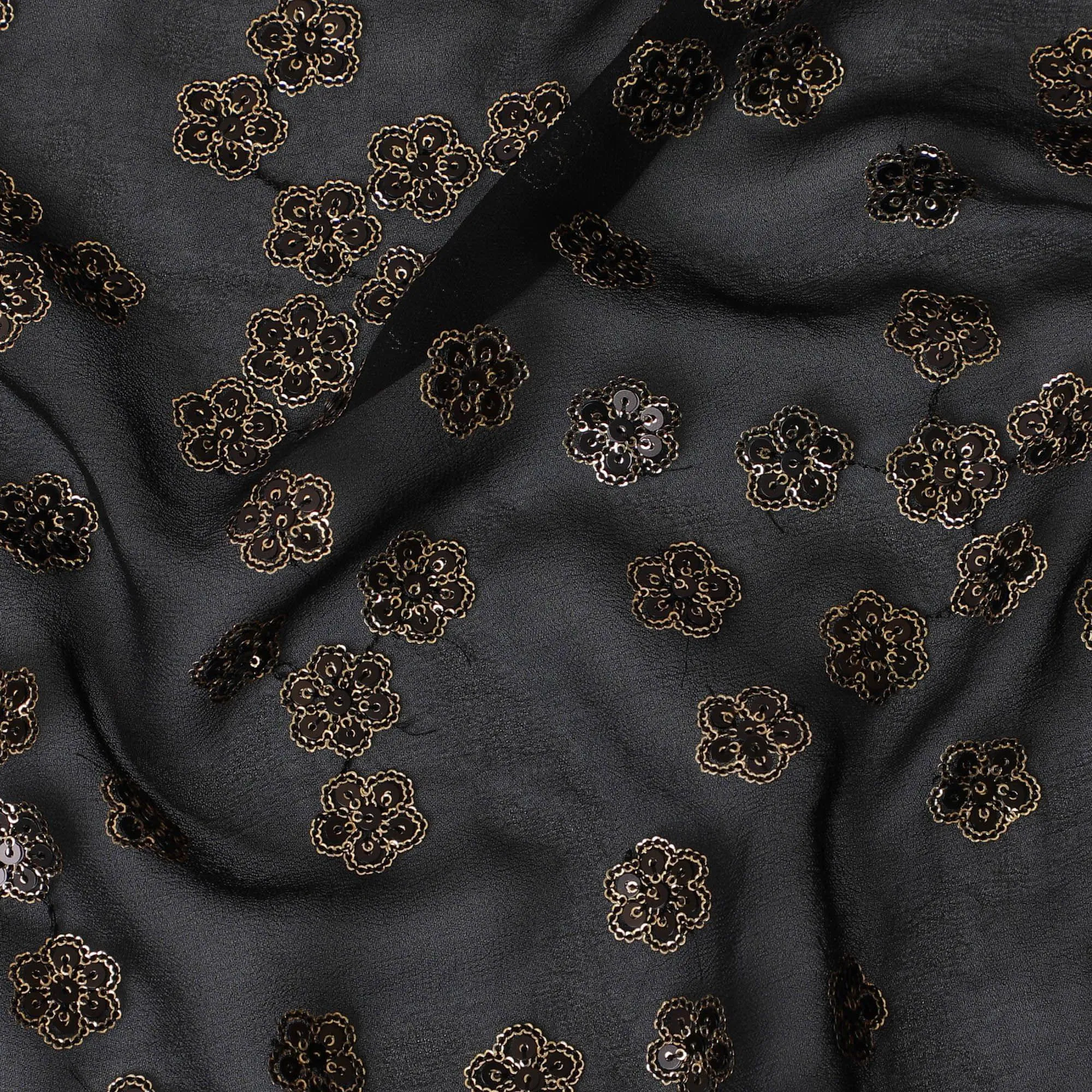 Black synthetic georgette fabric with gold and black sequins in floral design-D15840