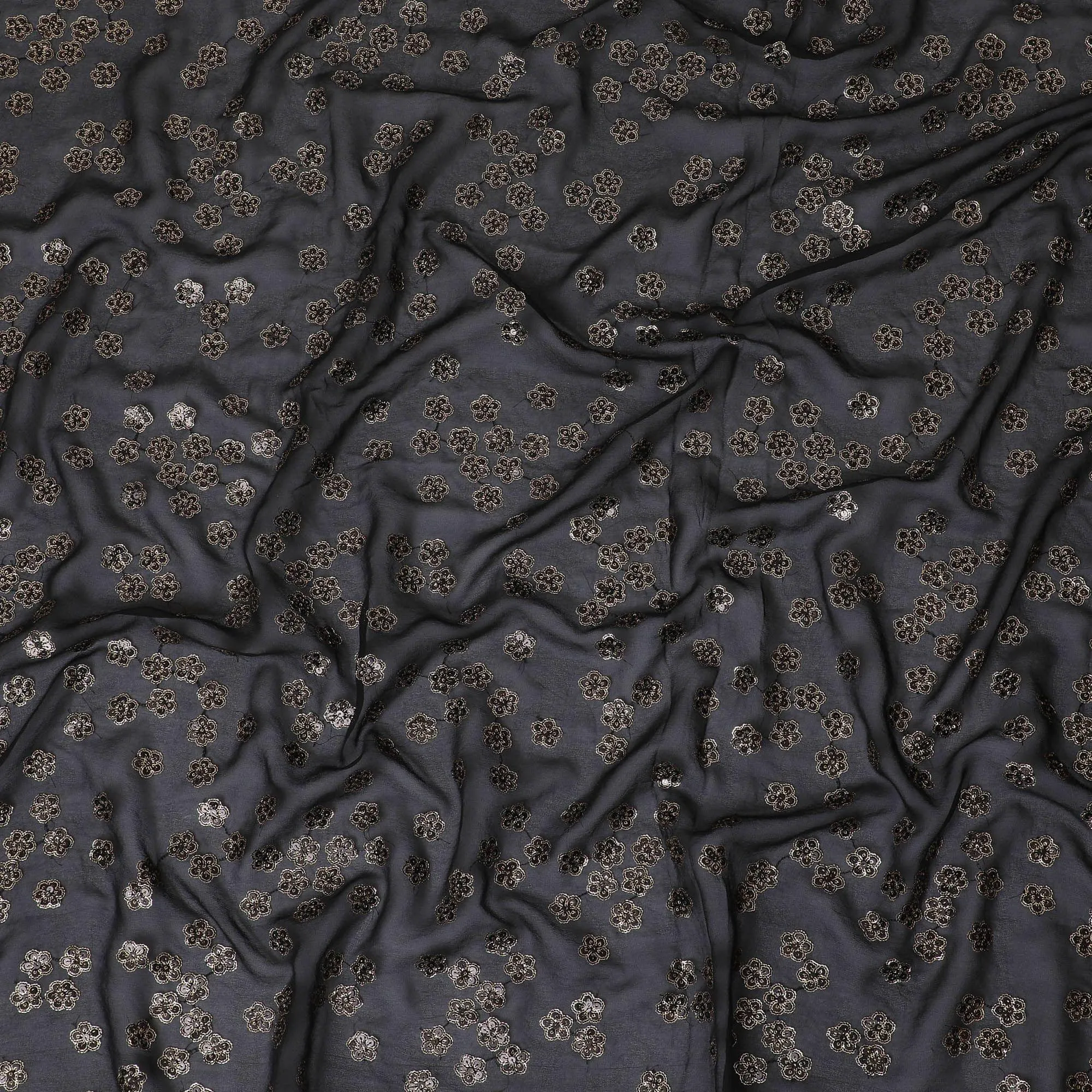 Black synthetic georgette fabric with gold and black sequins in floral design-D15840