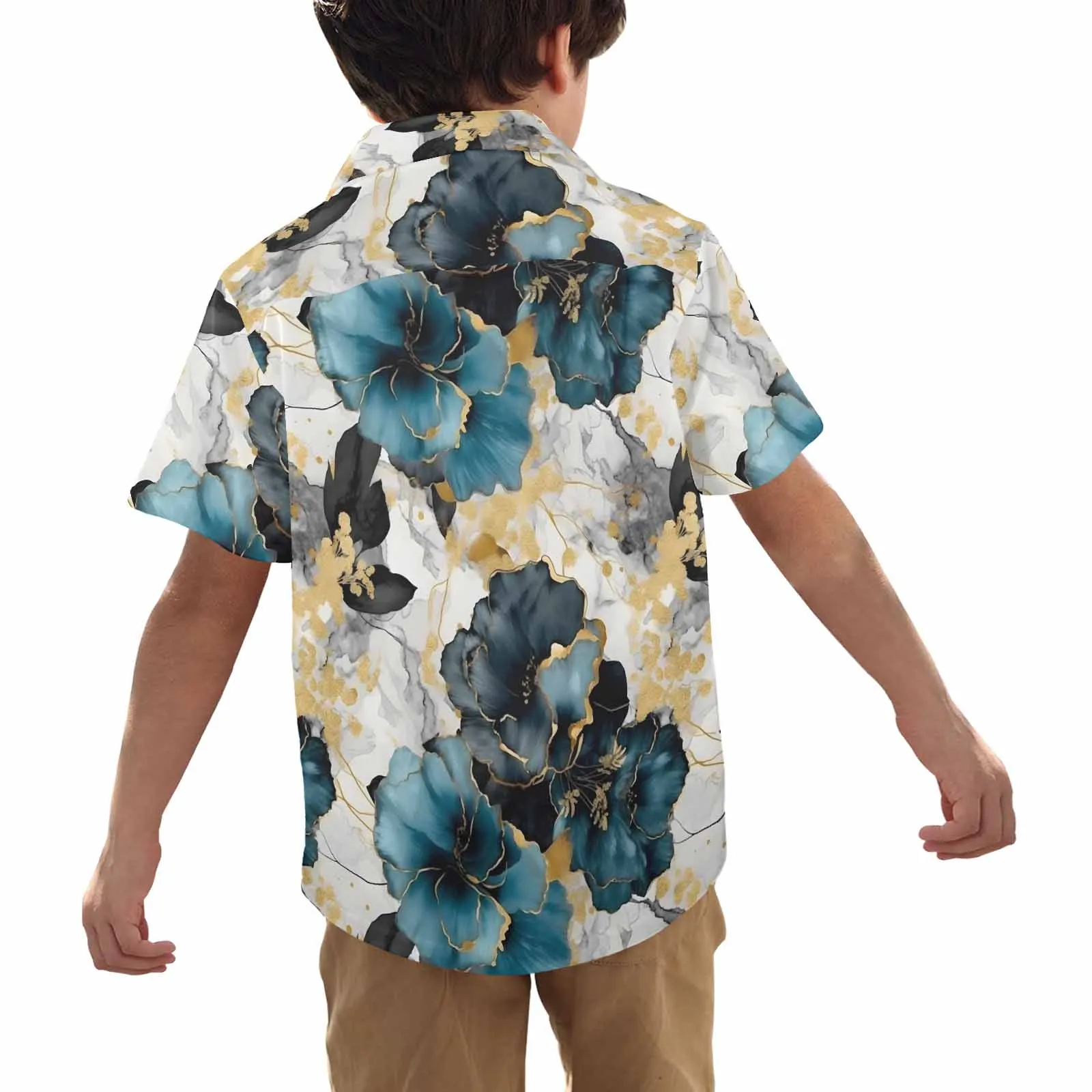 Blue & Gold Ink Floral  Little Boys Hawaiian Shirt