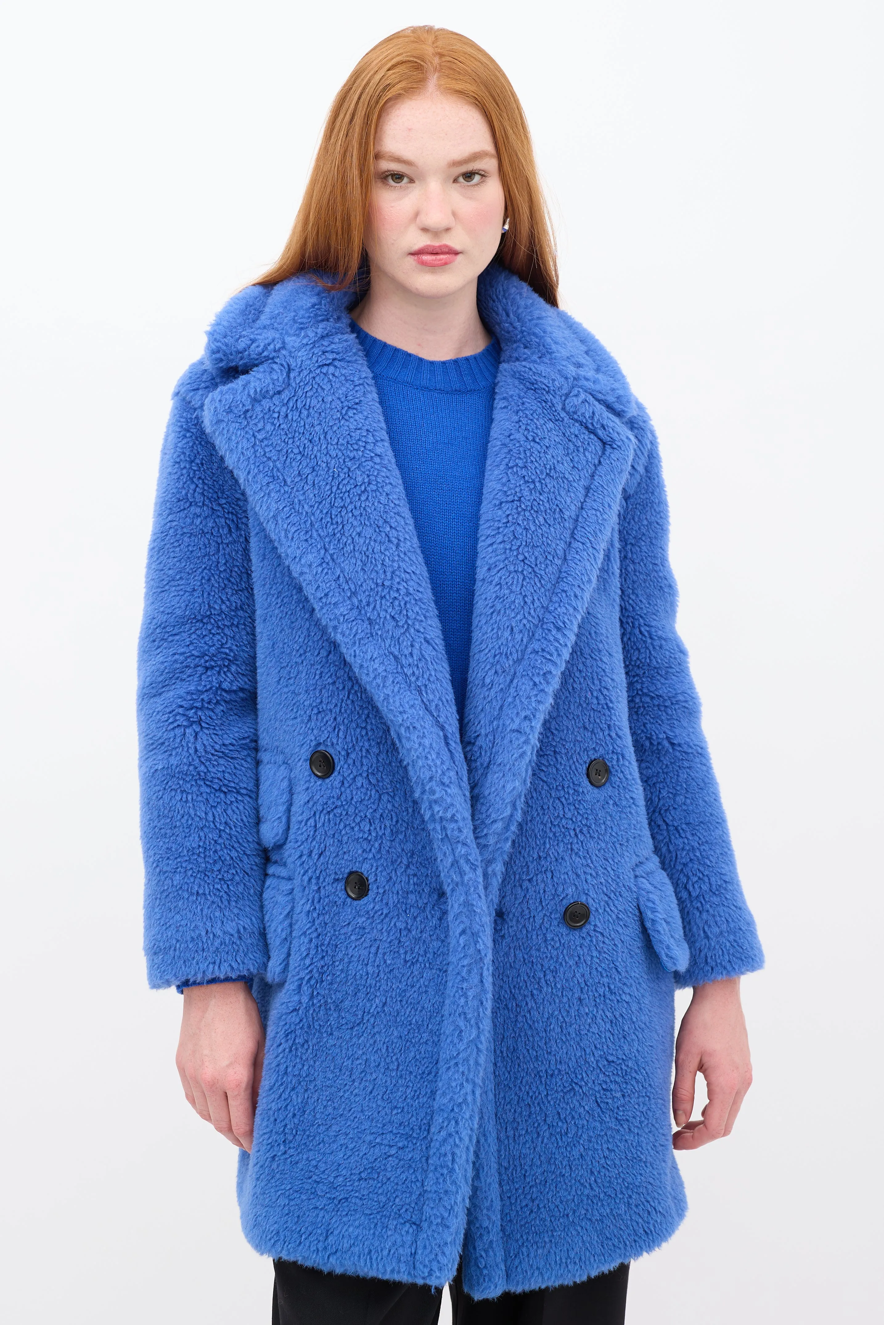 Blue Wool Double Breasted Teddy Coat