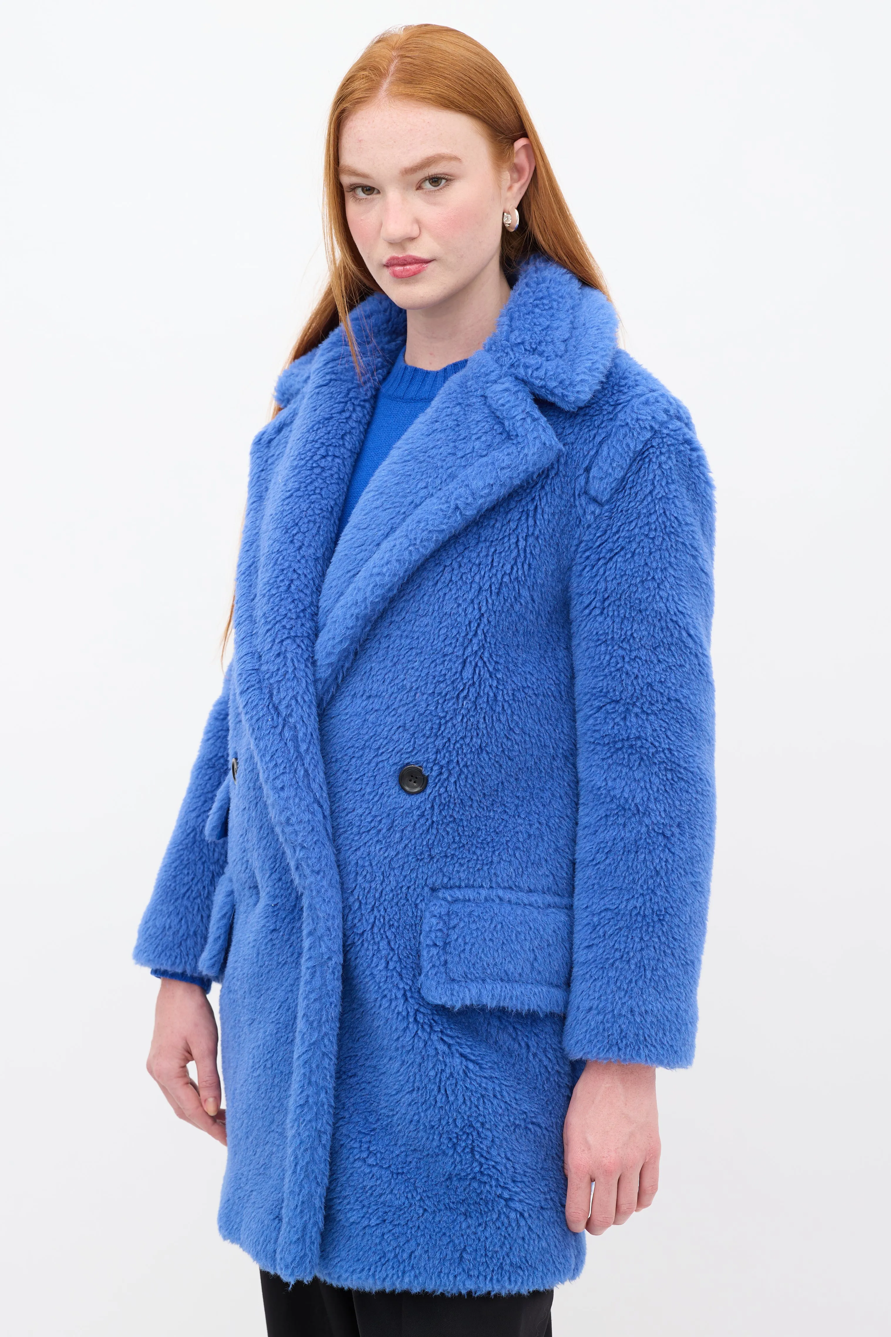 Blue Wool Double Breasted Teddy Coat