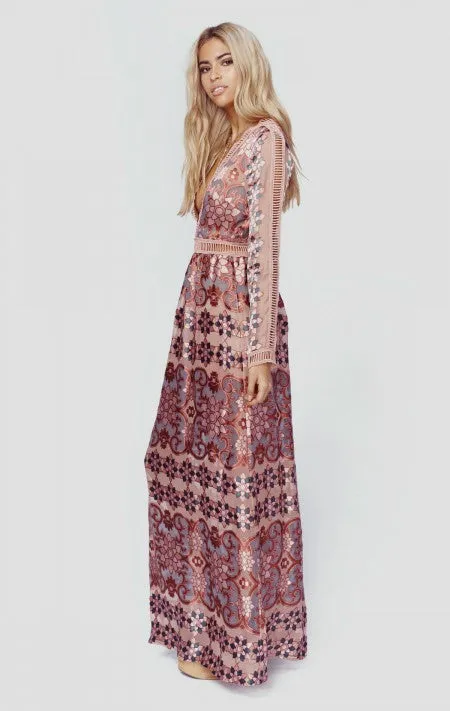 Boho Maxi Dress "Juliet" Pink Mosaic Print With Blush Pink Ladder Crochet Plunging V Neck Elegant Gown Sizes Small Medium Or Large