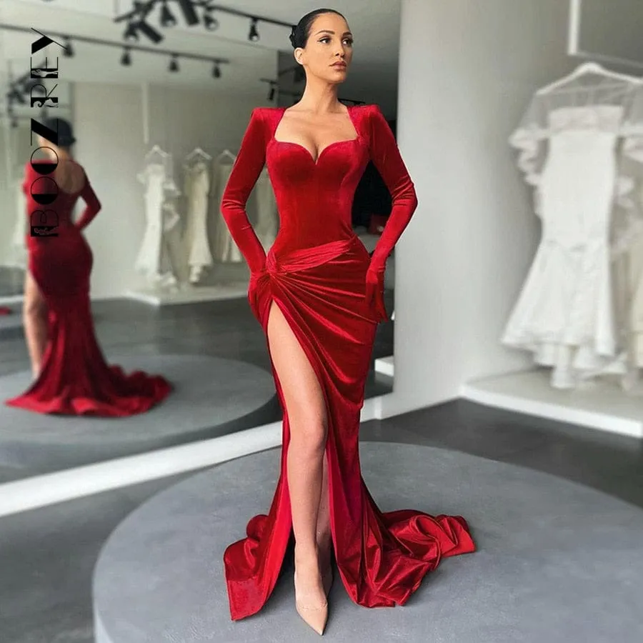 BoozRey Women Elegant Gown Long Dress Evening Club Outfits Women Gloves Sleeve Velvet Sexy Slit Maxi Dresses Bridesmaid Dresses