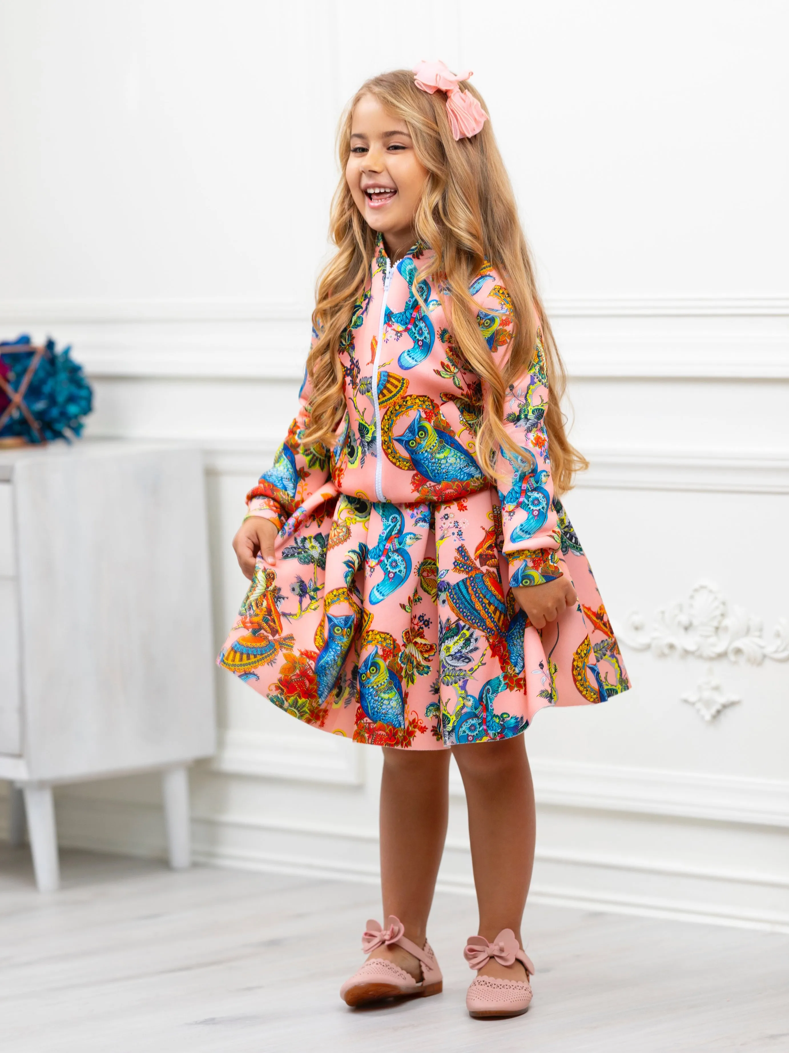 Botanical Owl Coral Neoprene Pleated Skirt by Kids Couture