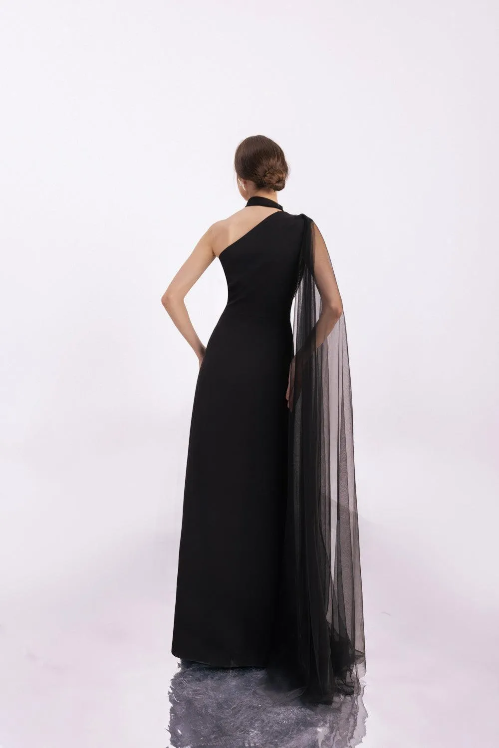 Brandt A-line Asymmetric Twill Floor Length Dress