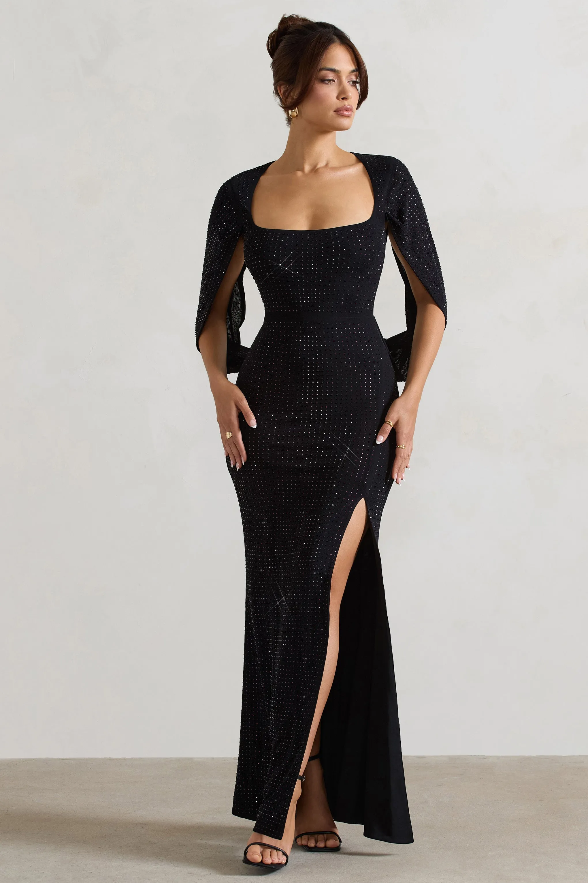 Broadway | Black Embellished Fishtail Maxi Dress With Cape Sleeves