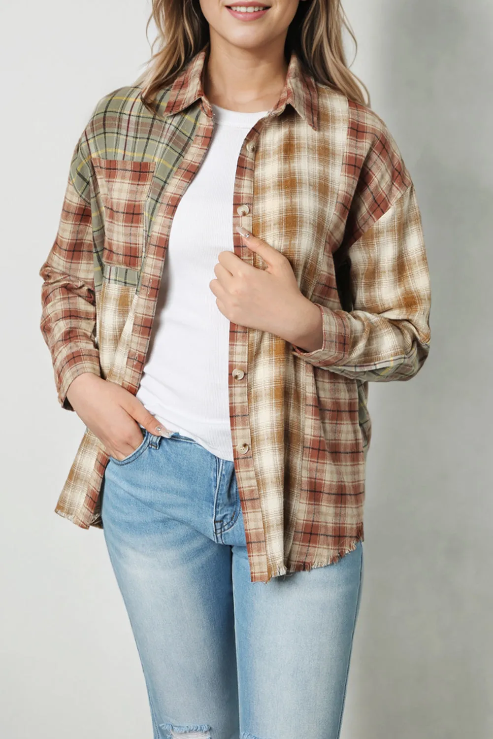 Brown Multi Plaid Patchwork Raw Edge Casual Shirt