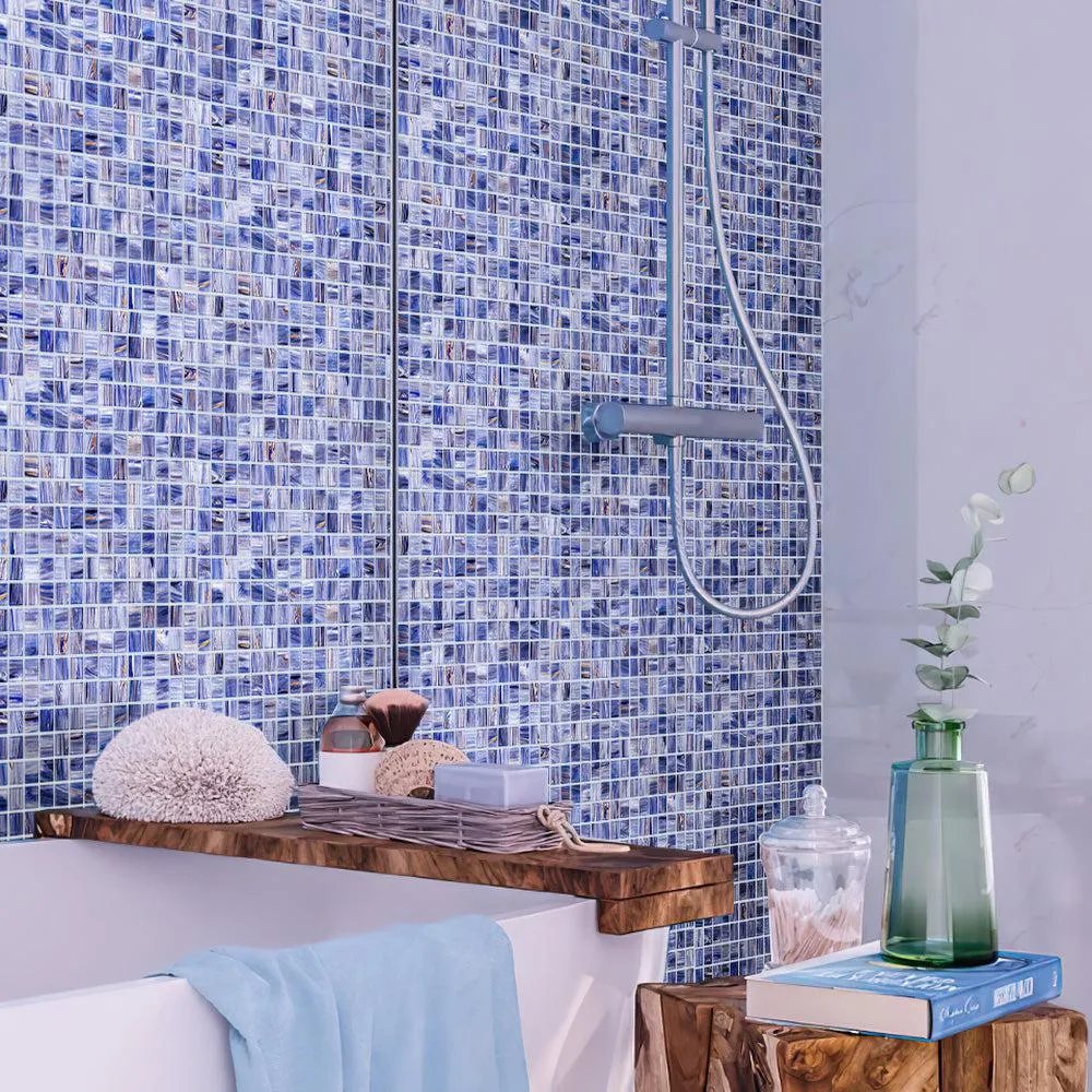 Cape Cod Blue Mixed Swirls Squares Glass Pool Tile