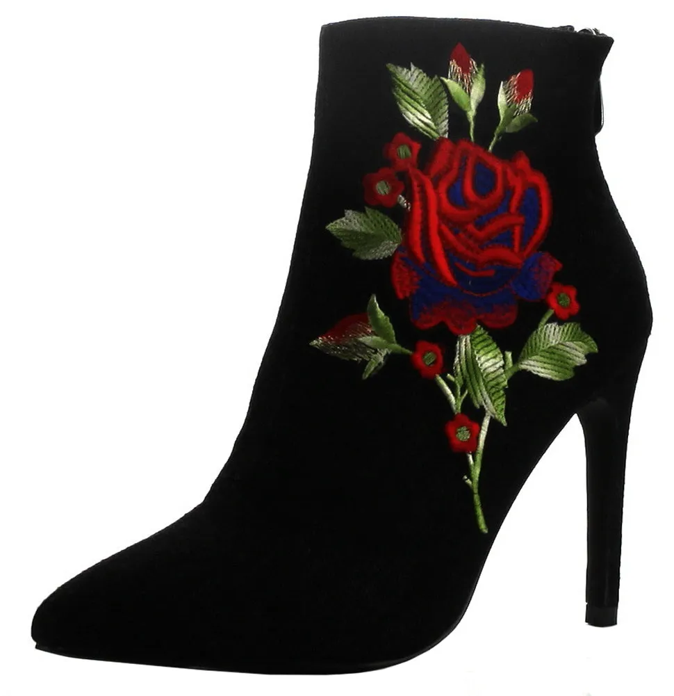 Cape Robbin Women's Closed Pointed Toe Embroidered Stiletto Heel Ankle Bootie