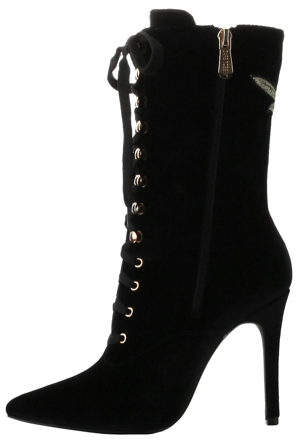 Cape Robbin Women's Closed Pointy Toe Embroidered Lace Up Mid-Calf Stiletto Boot