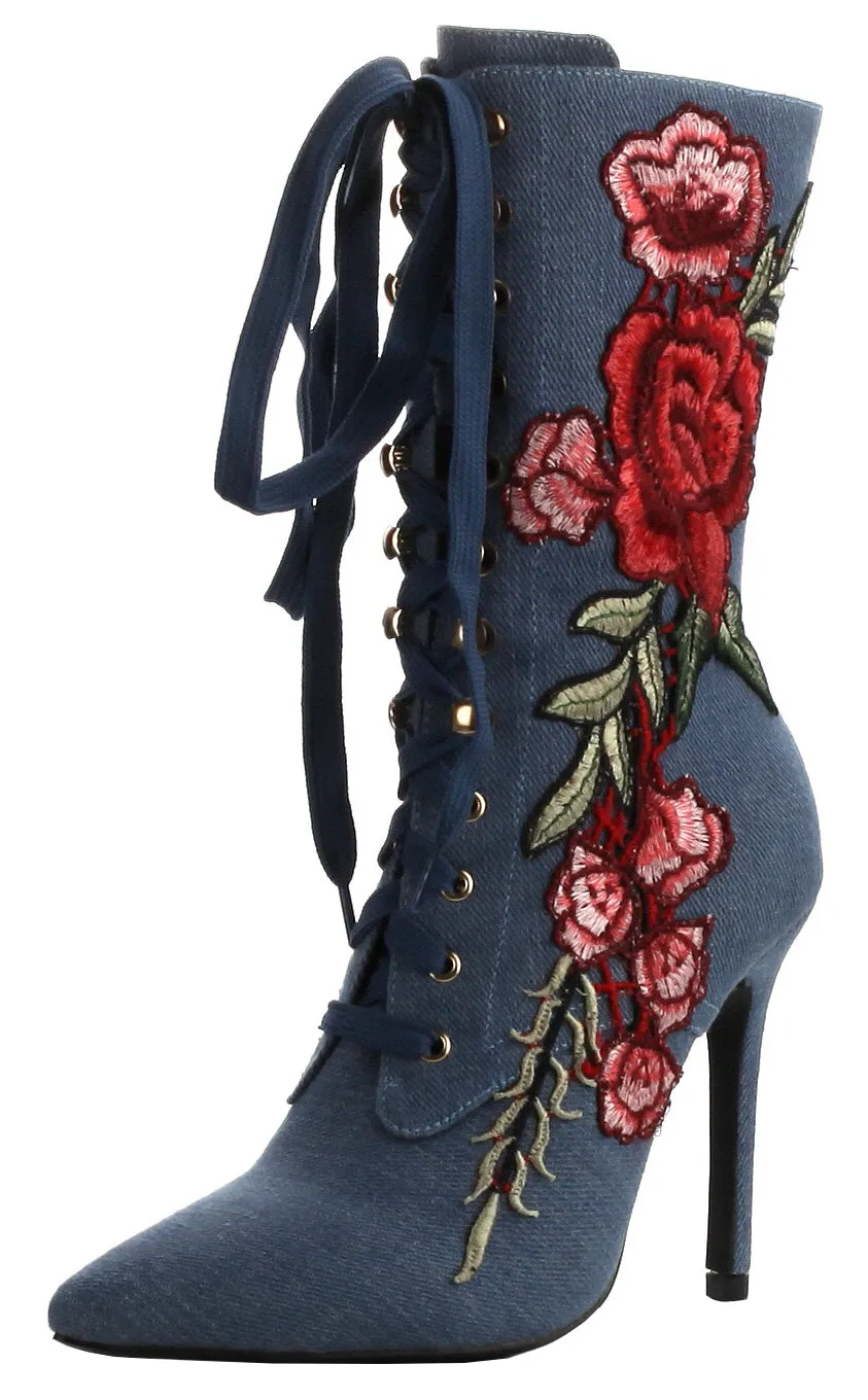 Cape Robbin Women's Closed Pointy Toe Embroidered Lace Up Mid-Calf Stiletto Boot