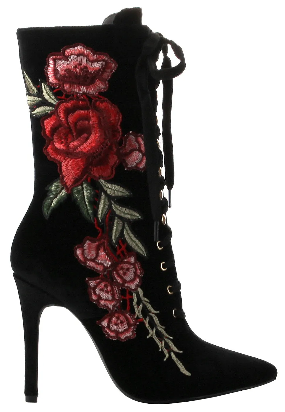 Cape Robbin Women's Closed Pointy Toe Embroidered Lace Up Mid-Calf Stiletto Boot