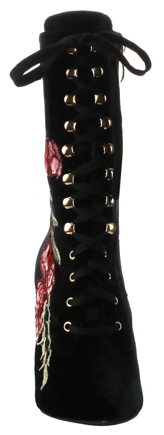 Cape Robbin Women's Closed Pointy Toe Embroidered Lace Up Mid-Calf Stiletto Boot