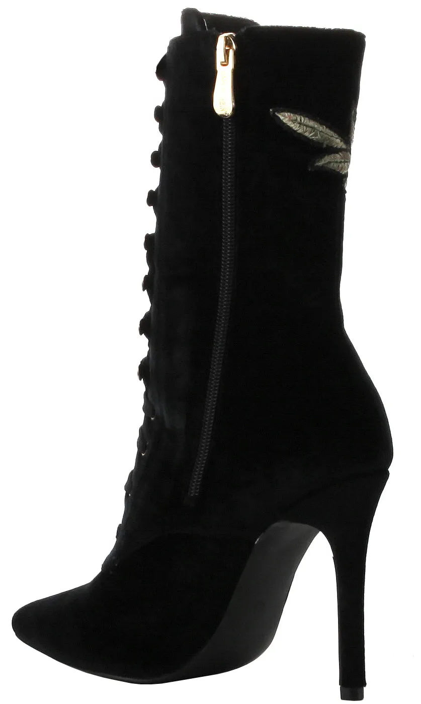 Cape Robbin Women's Closed Pointy Toe Embroidered Lace Up Mid-Calf Stiletto Boot