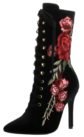 Cape Robbin Women's Closed Pointy Toe Embroidered Lace Up Mid-Calf Stiletto Boot