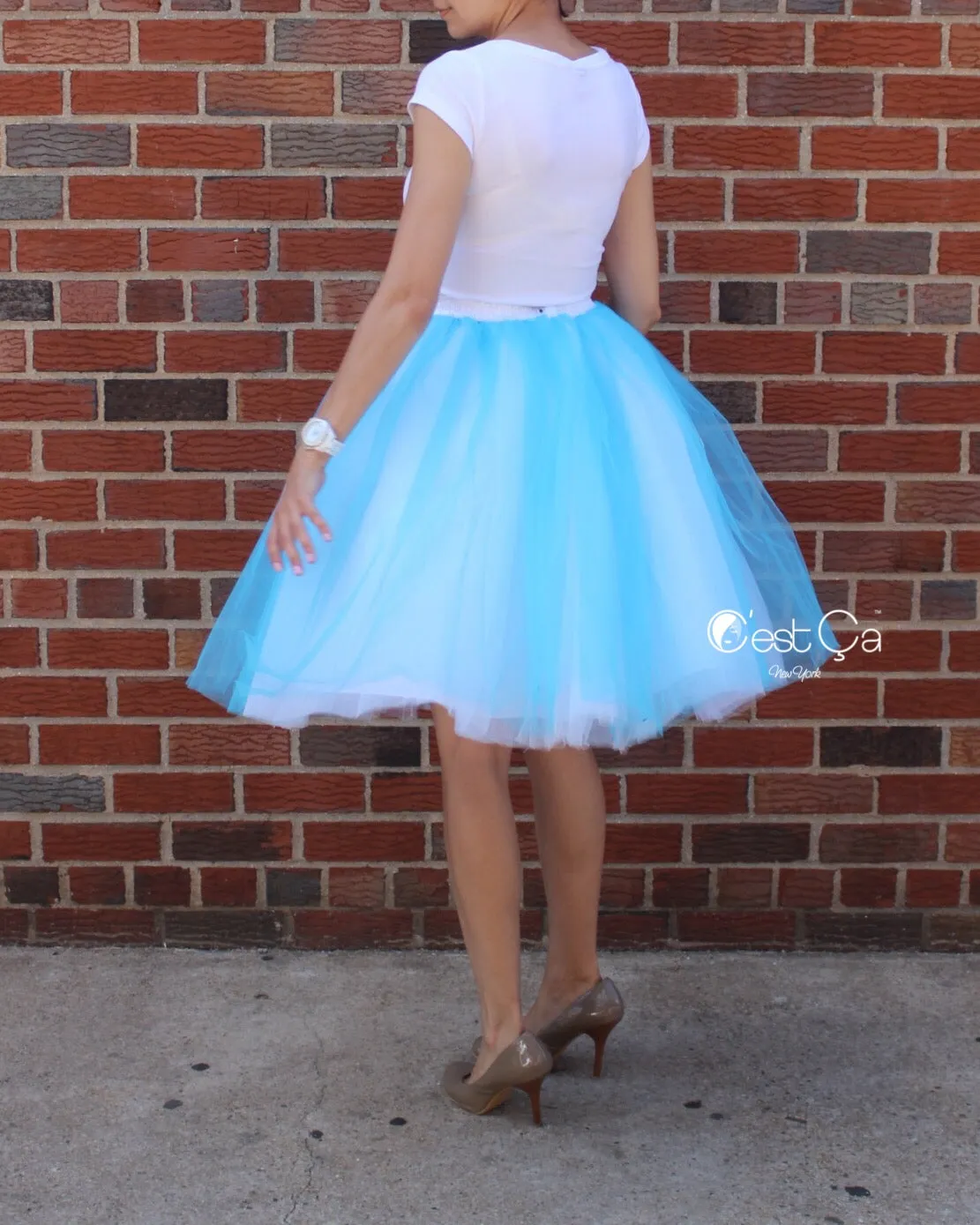 Clarisa Ombré Tulle Skirt - White & Aqua Blue, Midi