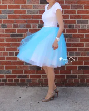 Clarisa Ombré Tulle Skirt - White & Aqua Blue, Midi