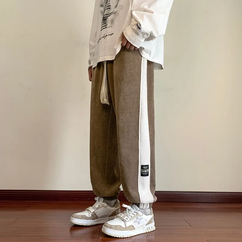 Corduroy Men's Joggers Pants Streetwear Side Patchwork Man Cargo Pants 2023 High Wasit Man Oversized Sweatpants