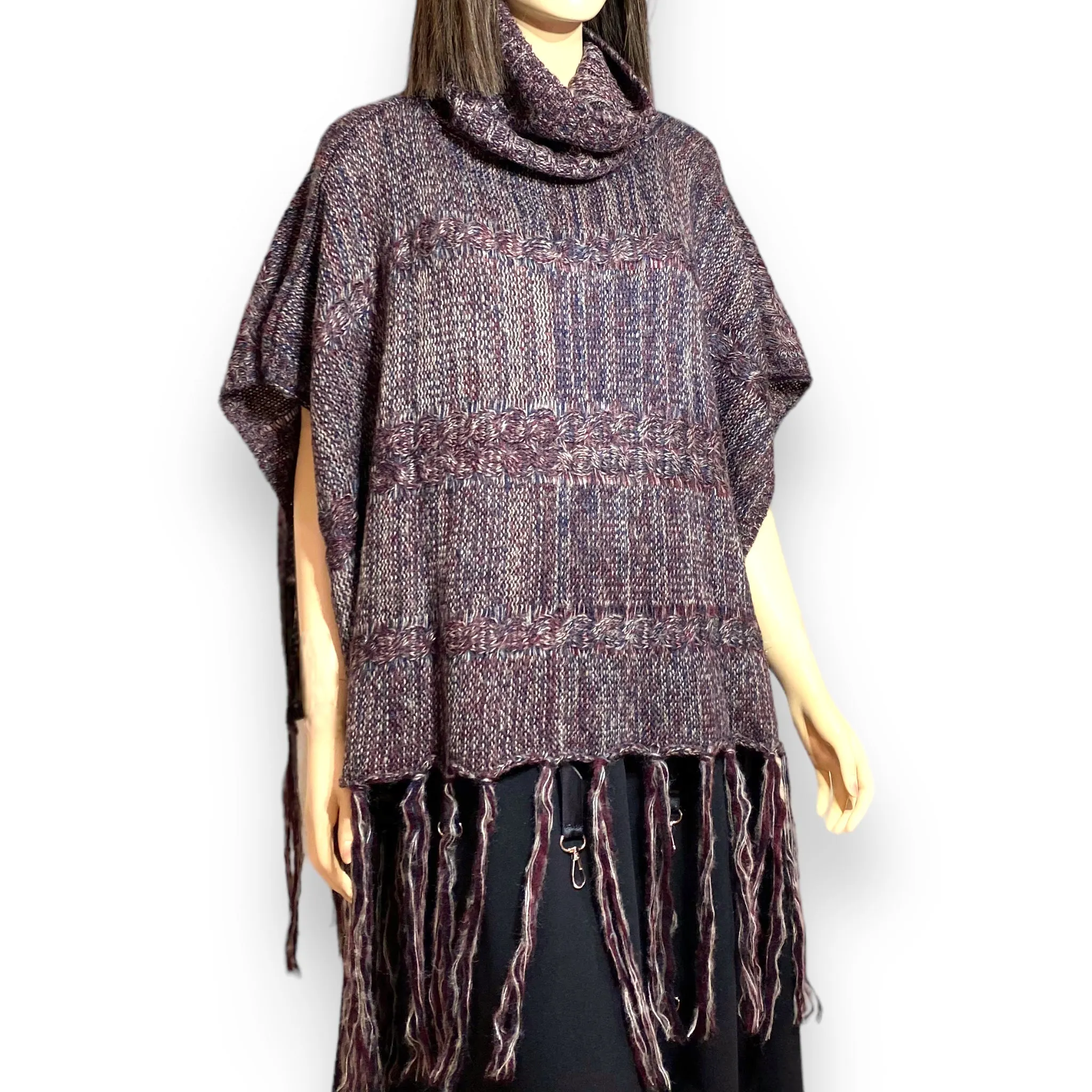 Cowl Neck Tassel Trim Knit Cape