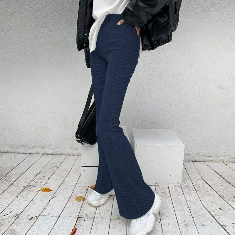 Cozy Corduroy Elastic Waist Ribbed Flare Trousers