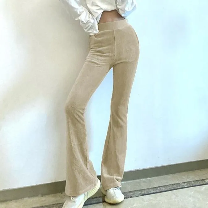 Cozy Corduroy Elastic Waist Ribbed Flare Trousers