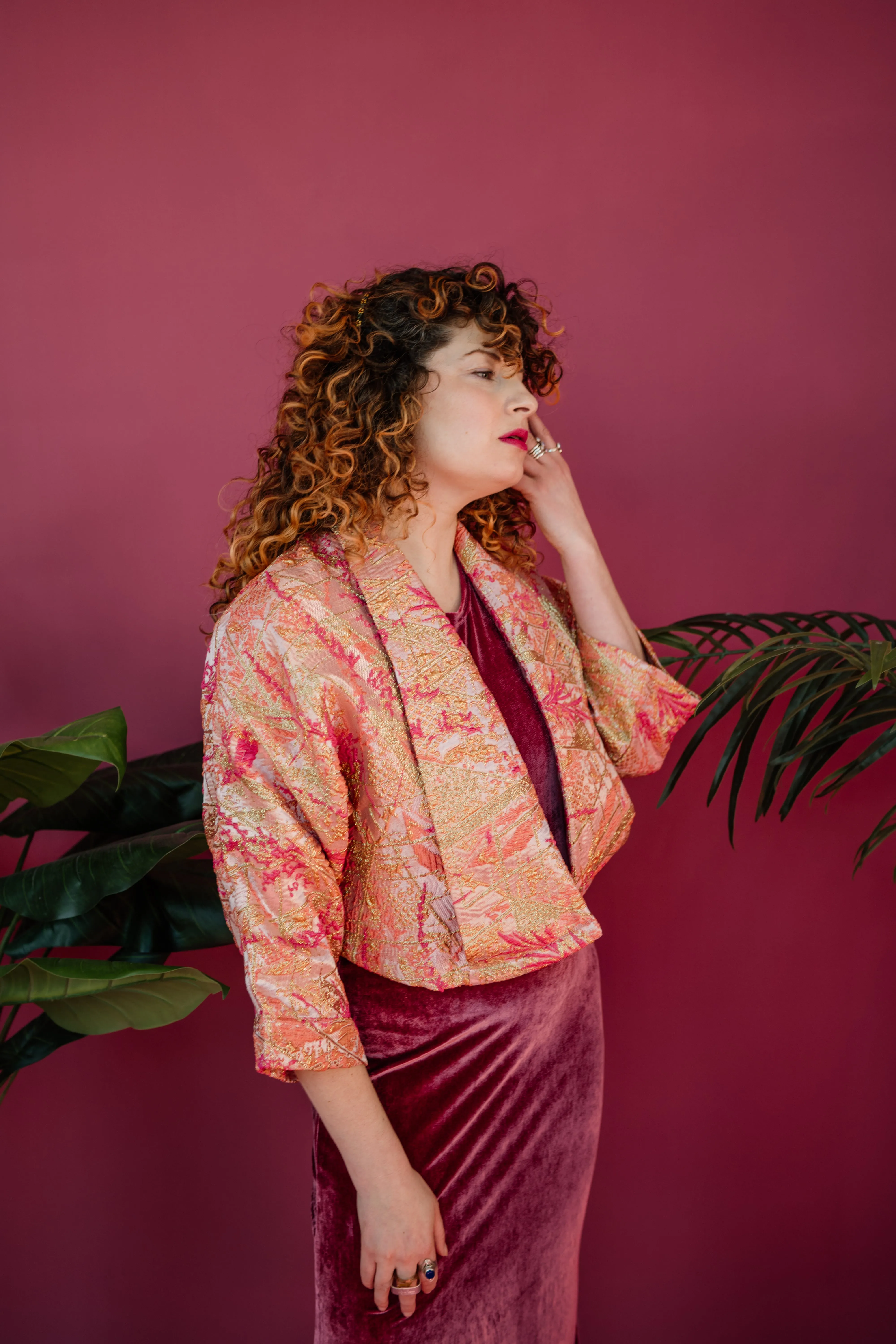 Cropped Kimono Jacket in Pink and Peach