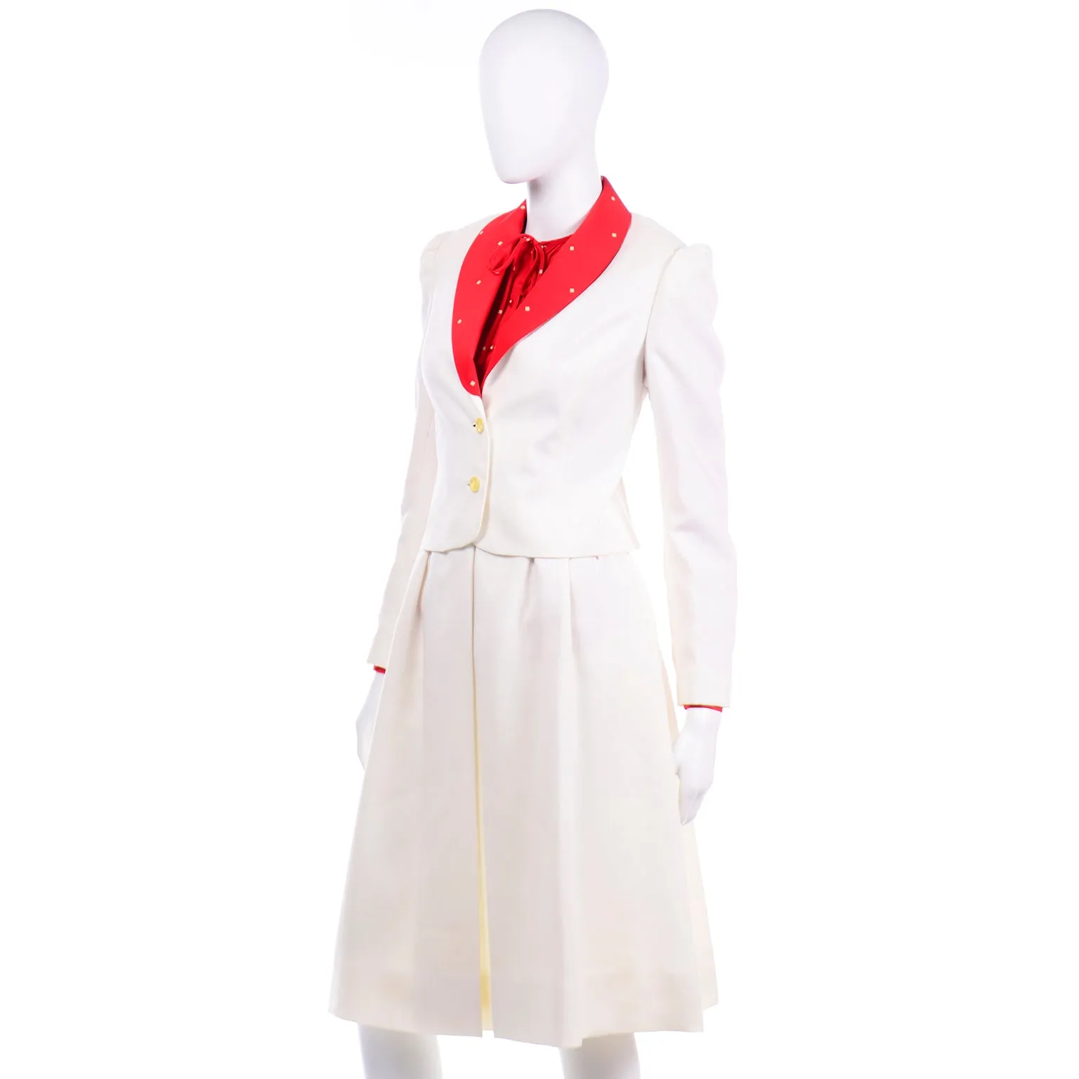 David Hayes Vintage Ivory Skirt & Jacket Suit With Red Print Silk Blouse