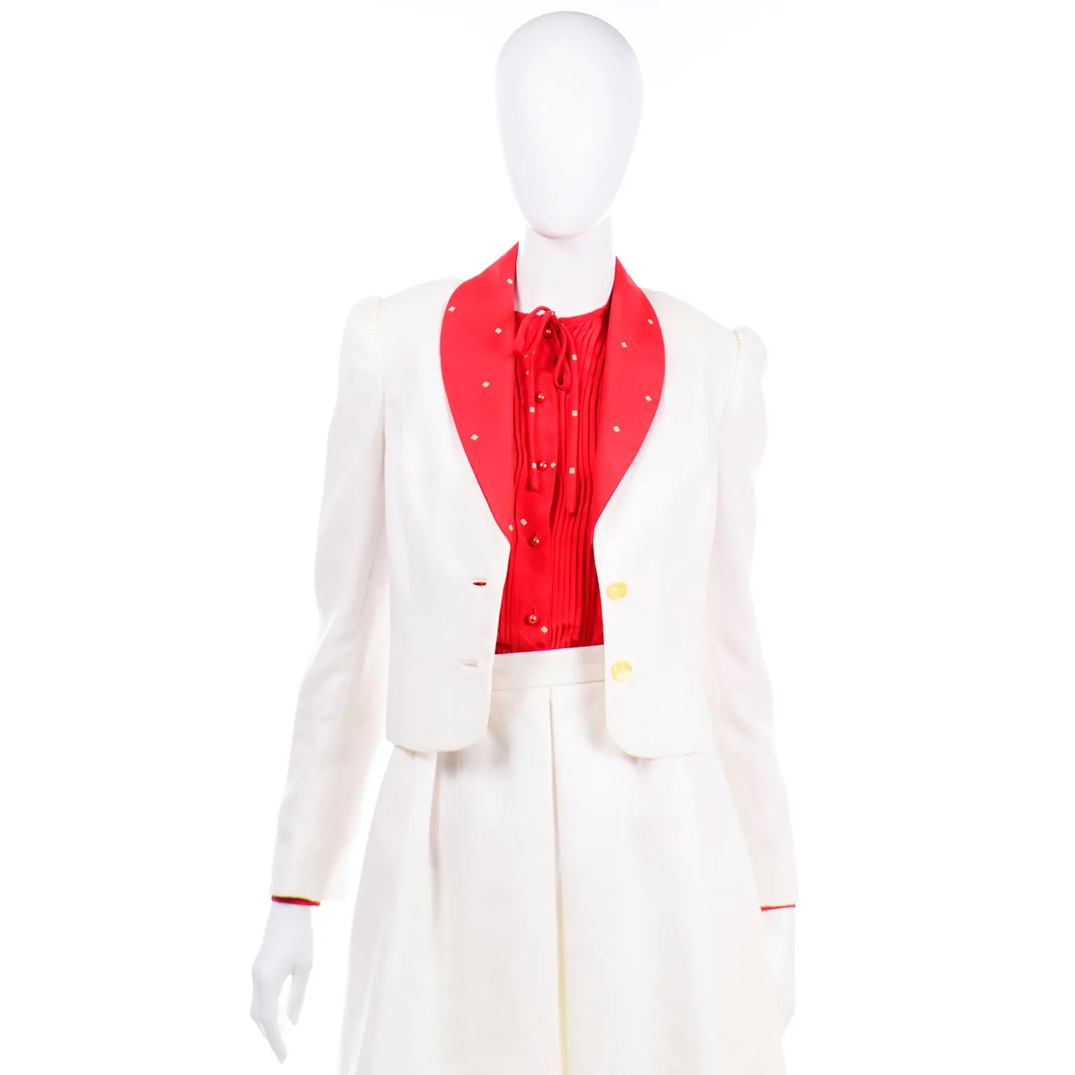 David Hayes Vintage Ivory Skirt & Jacket Suit With Red Print Silk Blouse