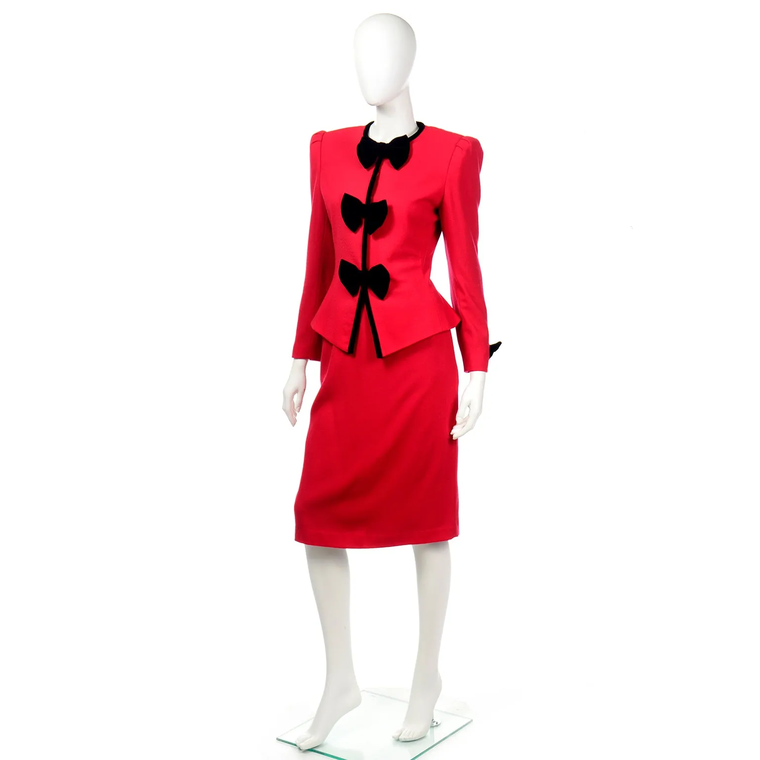 Deadstock Albert Nipon Vintage Red Skirt & Jacket w Black Bows Suit w Tags