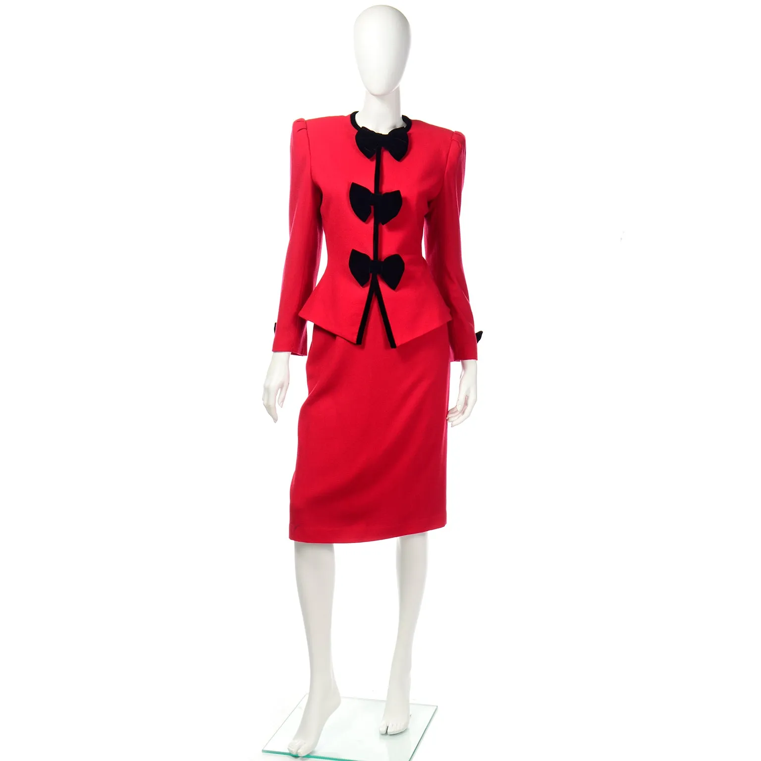 Deadstock Albert Nipon Vintage Red Skirt & Jacket w Black Bows Suit w Tags