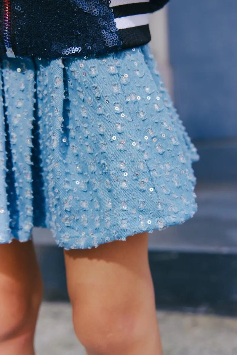 DENIM SPARKLE PLEATED SKIRT