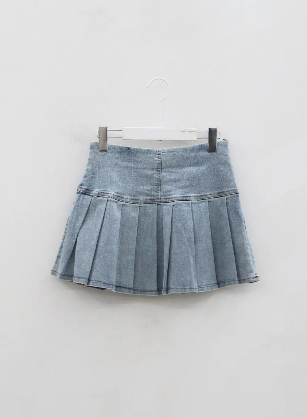 Double Ribbon Half Pleated Denim Mini Skirt BO26