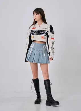 Double Ribbon Half Pleated Denim Mini Skirt BO26