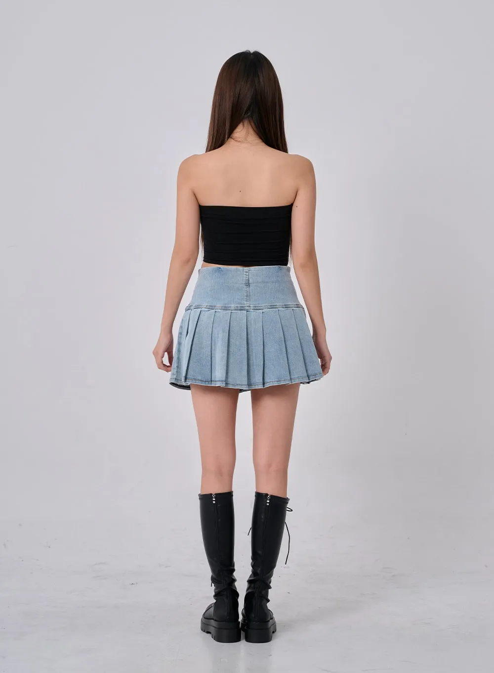 Double Ribbon Half Pleated Denim Mini Skirt BO26