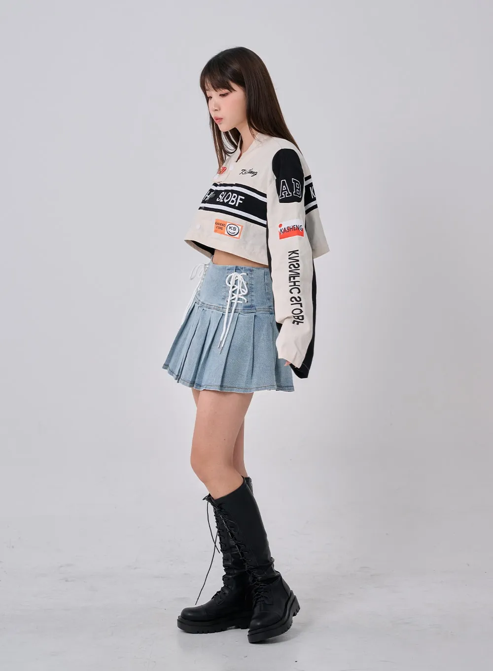 Double Ribbon Half Pleated Denim Mini Skirt BO26