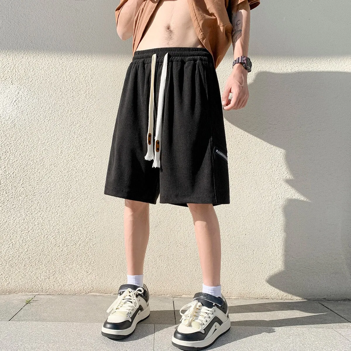 Drawstring Men's Fashion Shorts Corduroy Loose Hip Hop Summer New Knee Length Trunks Casual Streetwear Male Pants