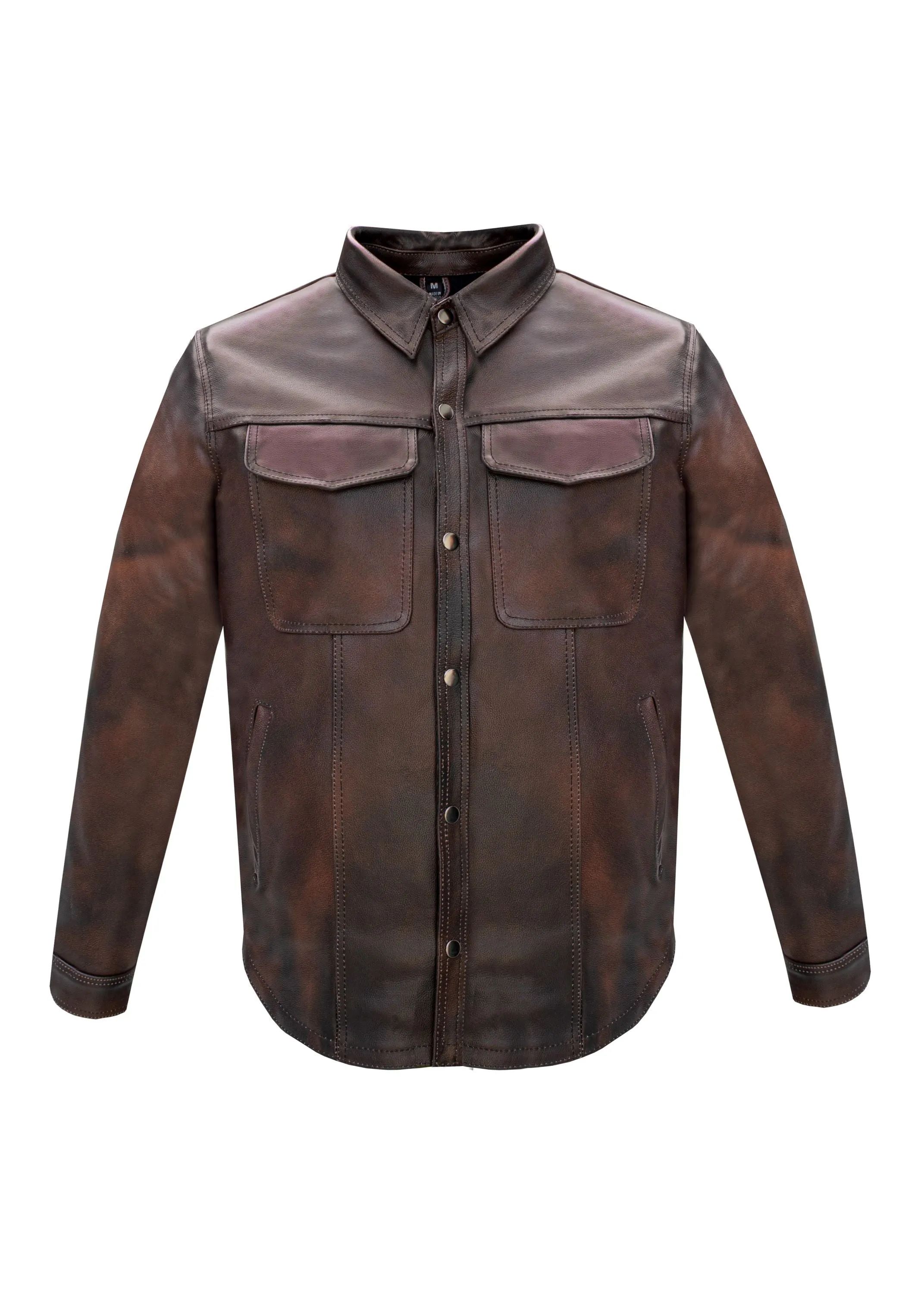 Dream Apparel® Mens Distressed Brown Leather Motorcycle Shirt with Concealed Carry