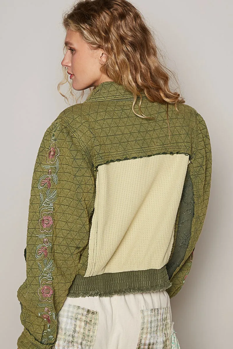 Embroidered Sleeve Raw Edge Quilted Jacket