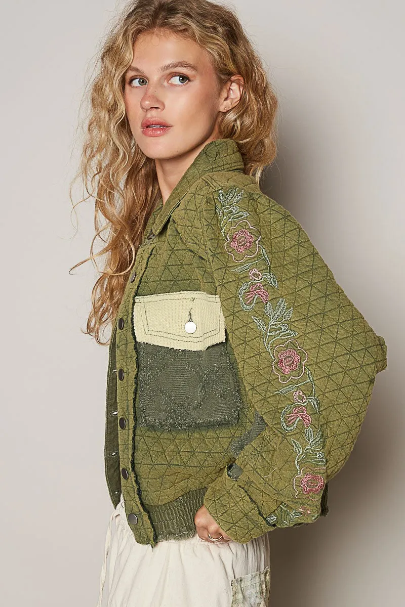 Embroidered Sleeve Raw Edge Quilted Jacket