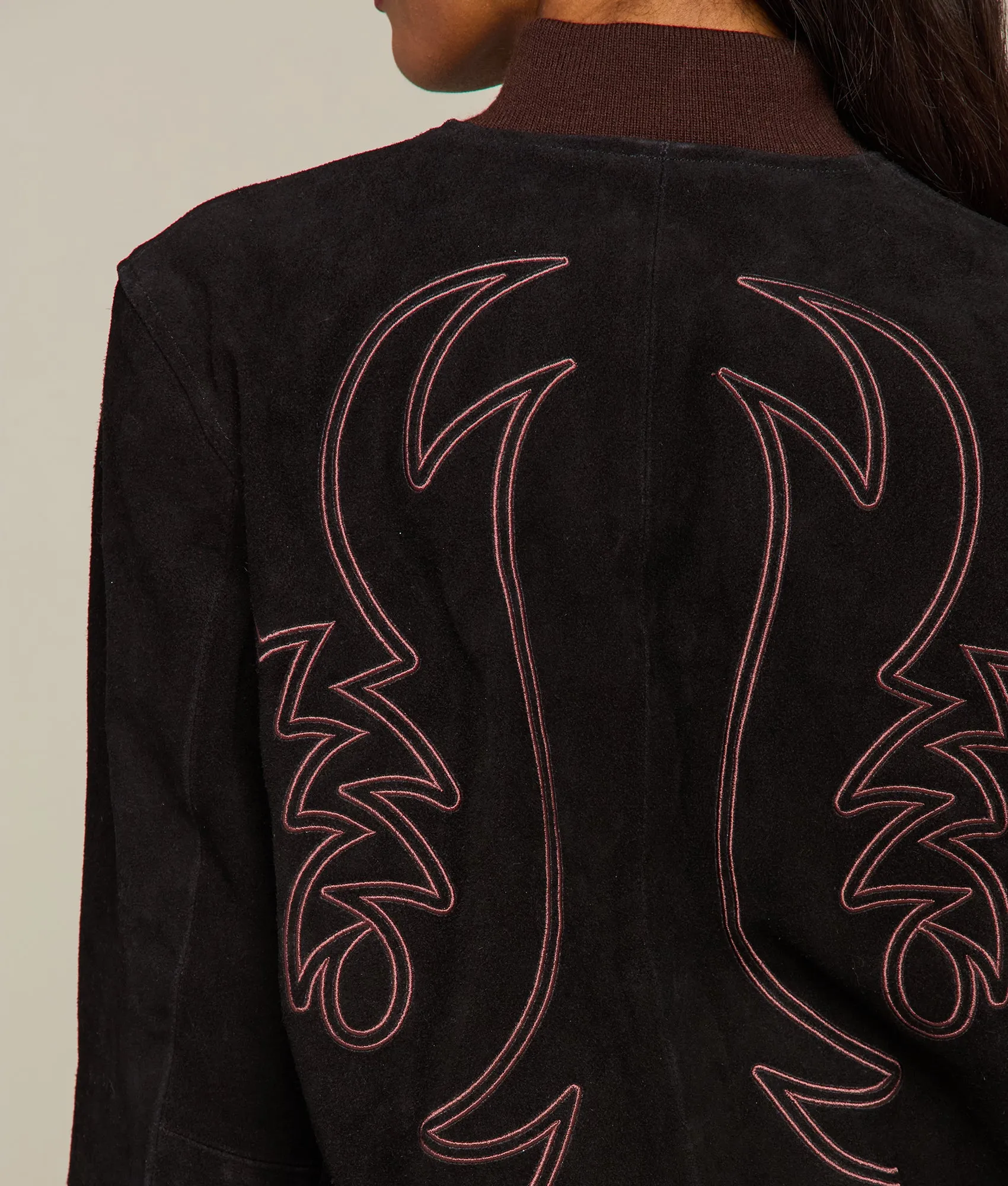 Embroidered Suede Bomber Jacket :: Black