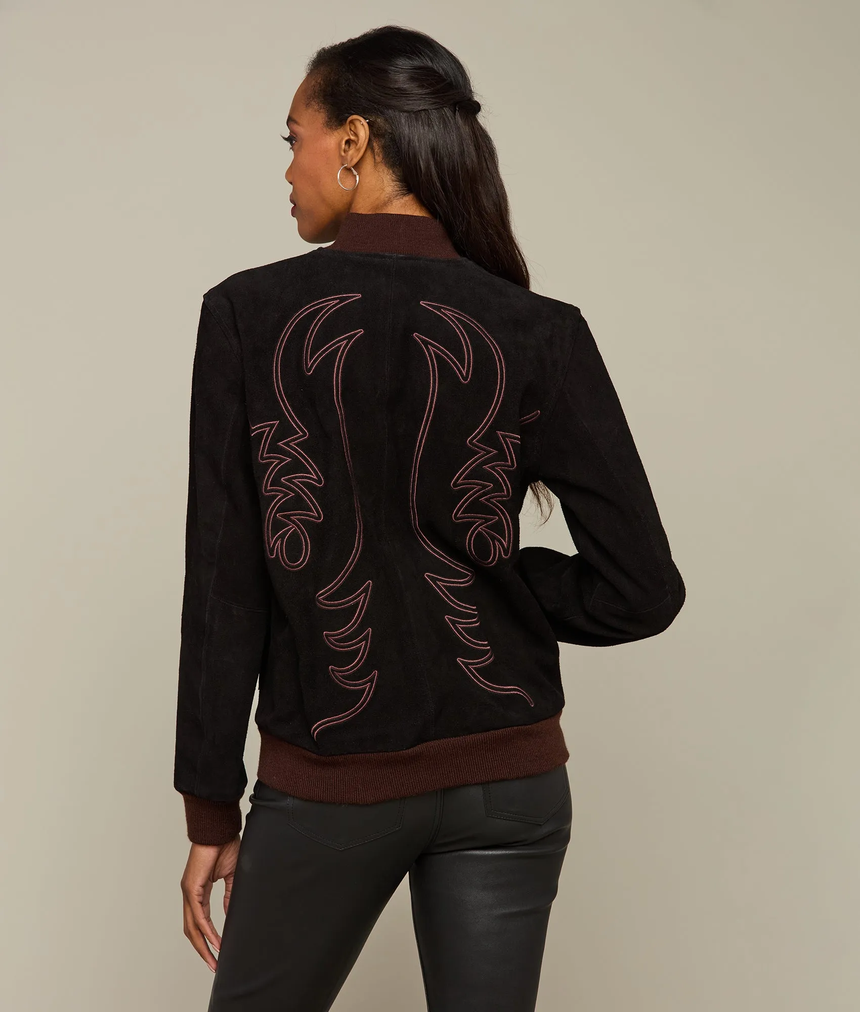 Embroidered Suede Bomber Jacket :: Black