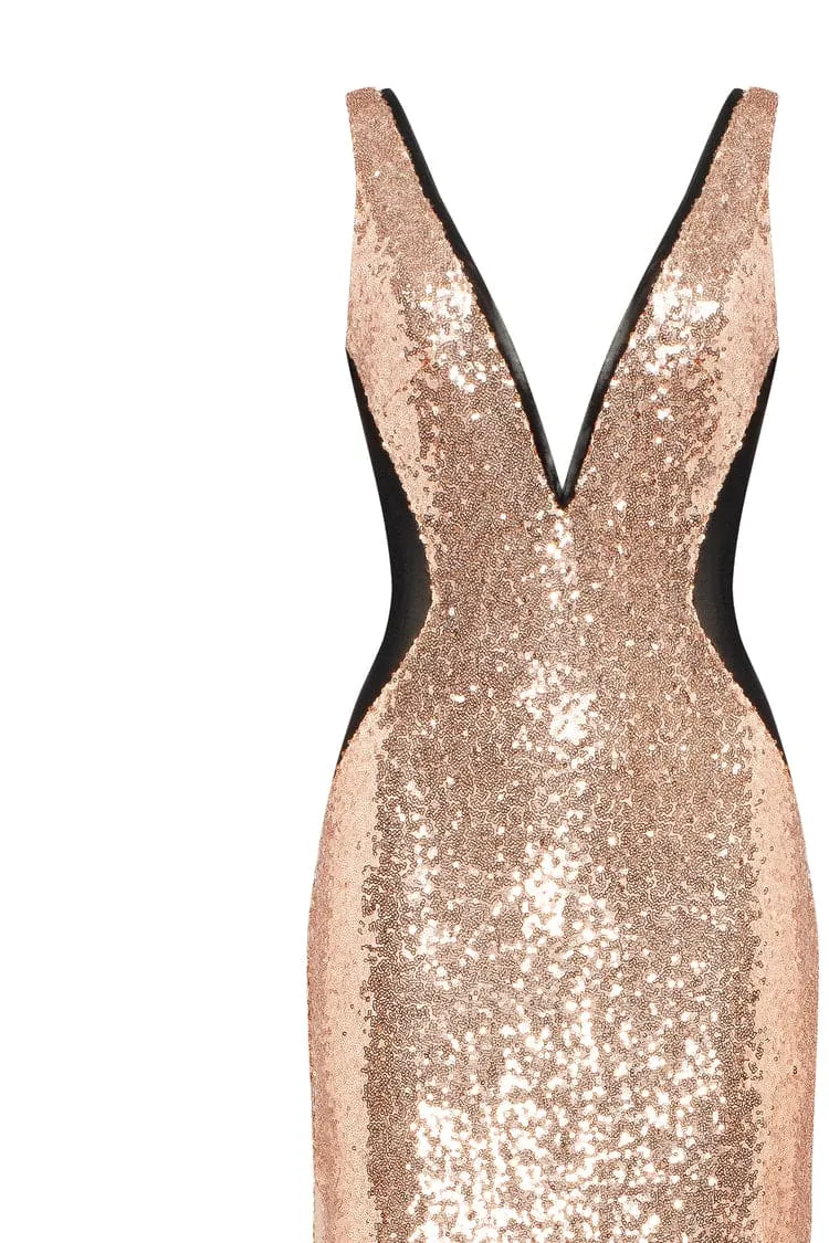 Extravaganza fully sequined gold maxi dress, Smoky Quartz