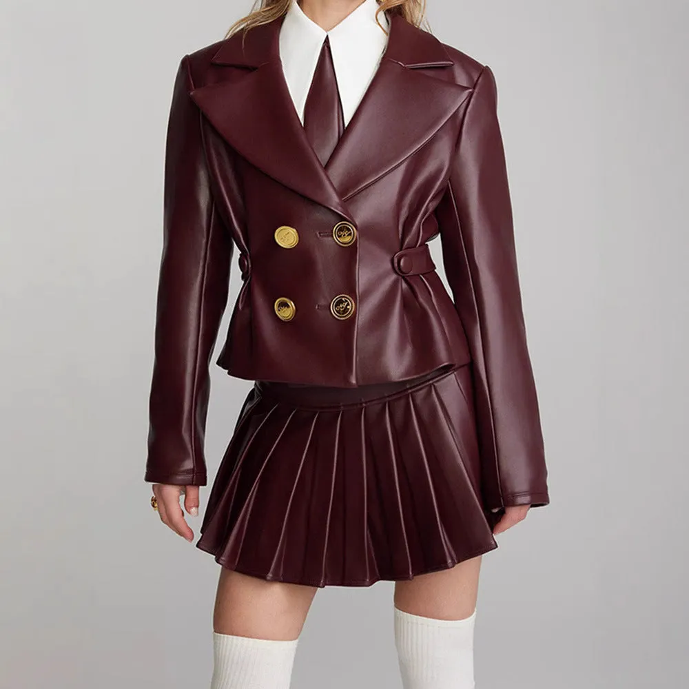 Fashionkova 2000s fashion 2024 Spring and Autumn Sexy Wine Red Short Jacket Pleated Skirt Suit Suit Collar Sweet and Spicy Style