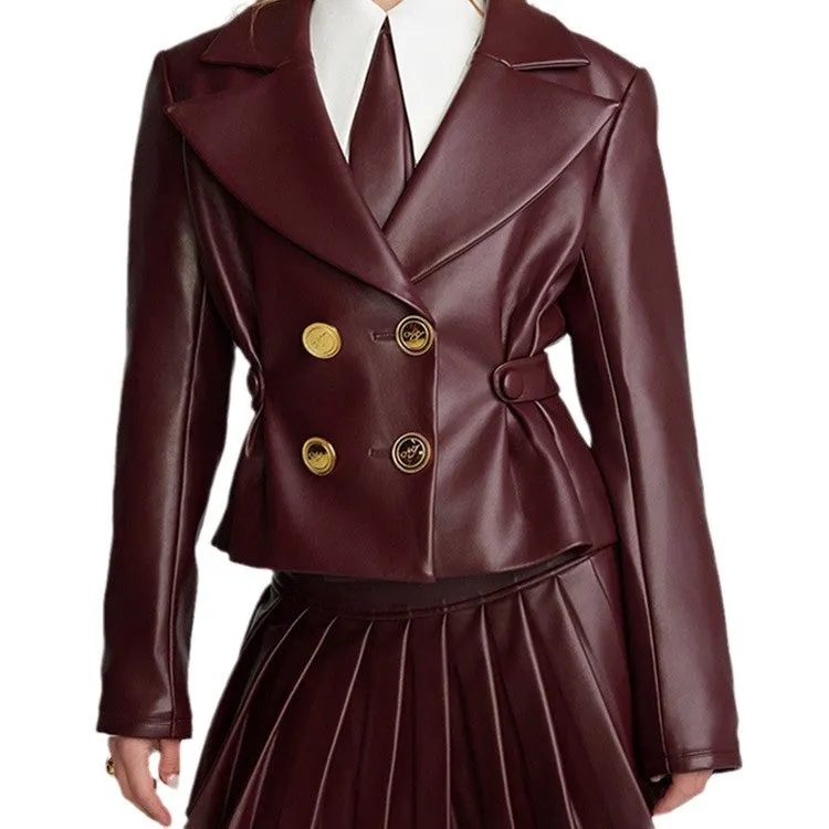 Fashionkova 2000s fashion 2024 Spring and Autumn Sexy Wine Red Short Jacket Pleated Skirt Suit Suit Collar Sweet and Spicy Style