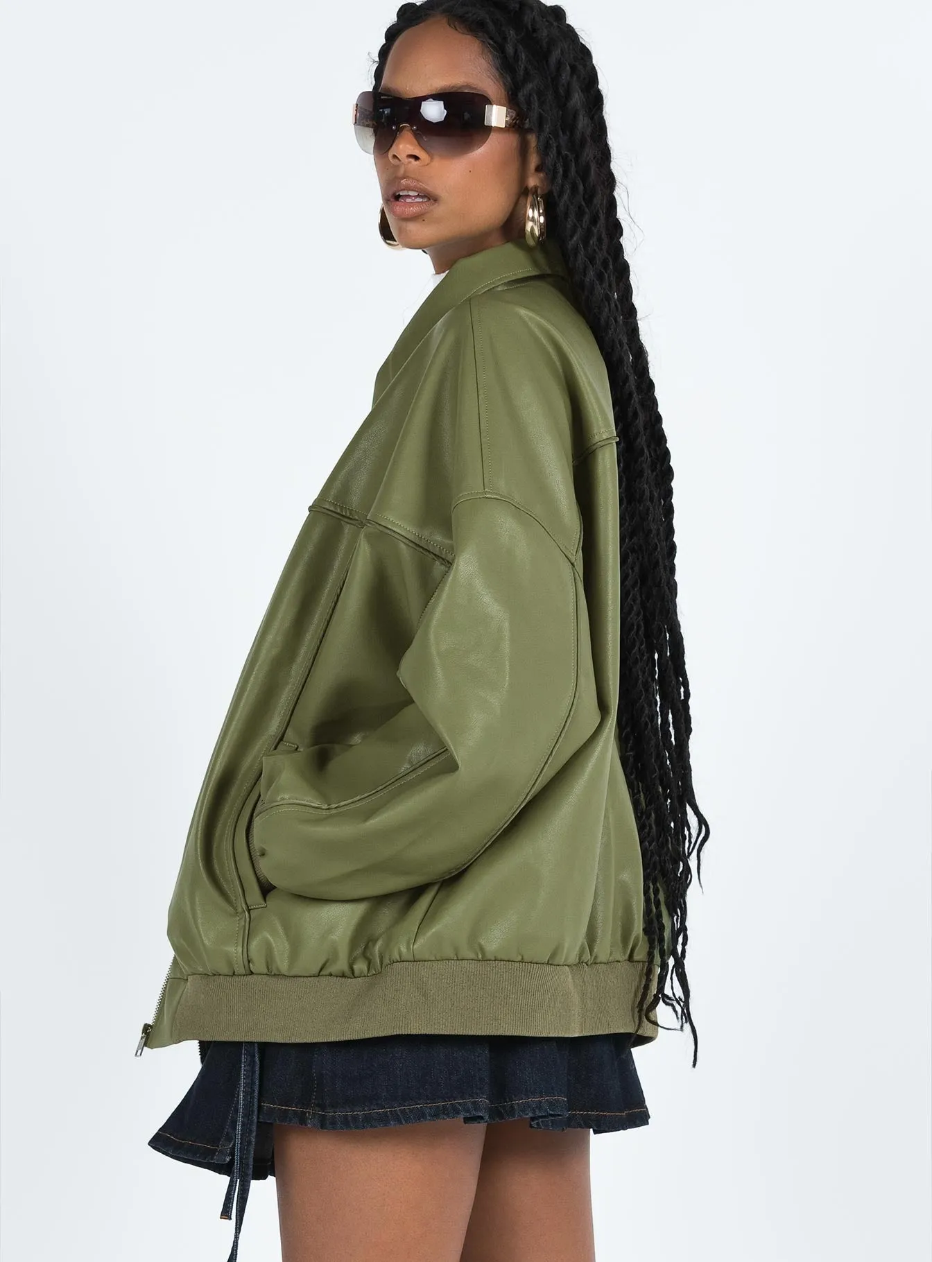 Fashionkova Goldsmith Faux Leather Bomber Jacket Green