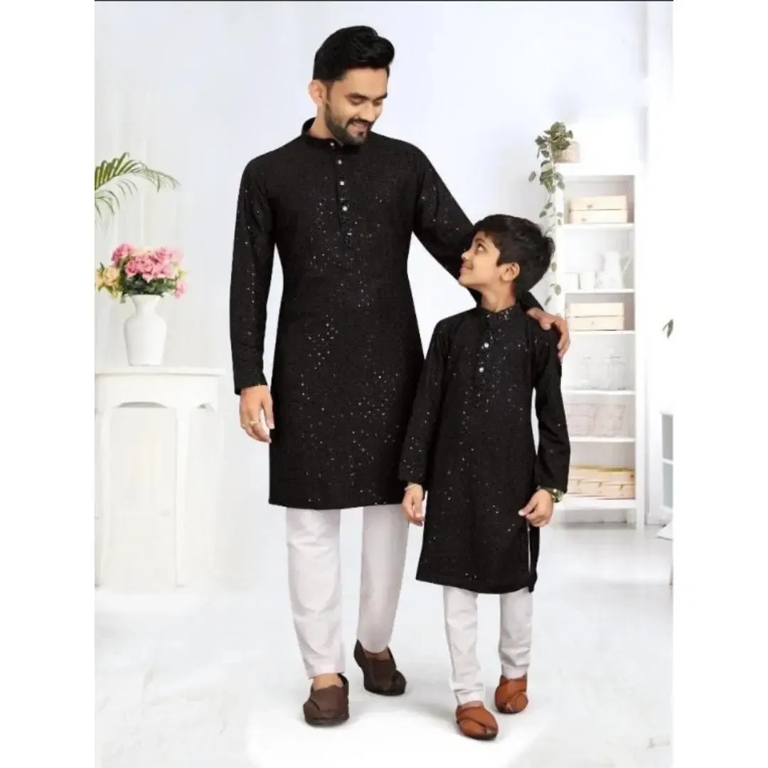 Father and Son Black Chikankari Same Matching Kurta Dress Set