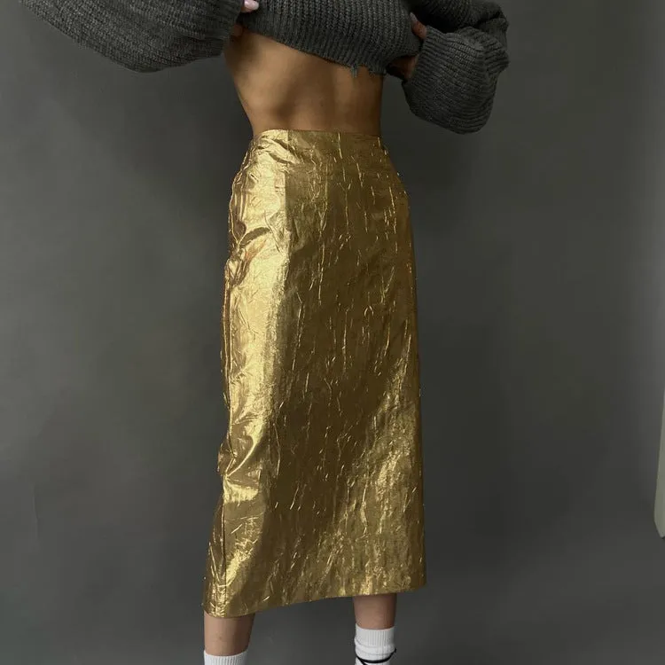 Foiled- the Crinkle Look Metallic Knee Skirt 2 Colors