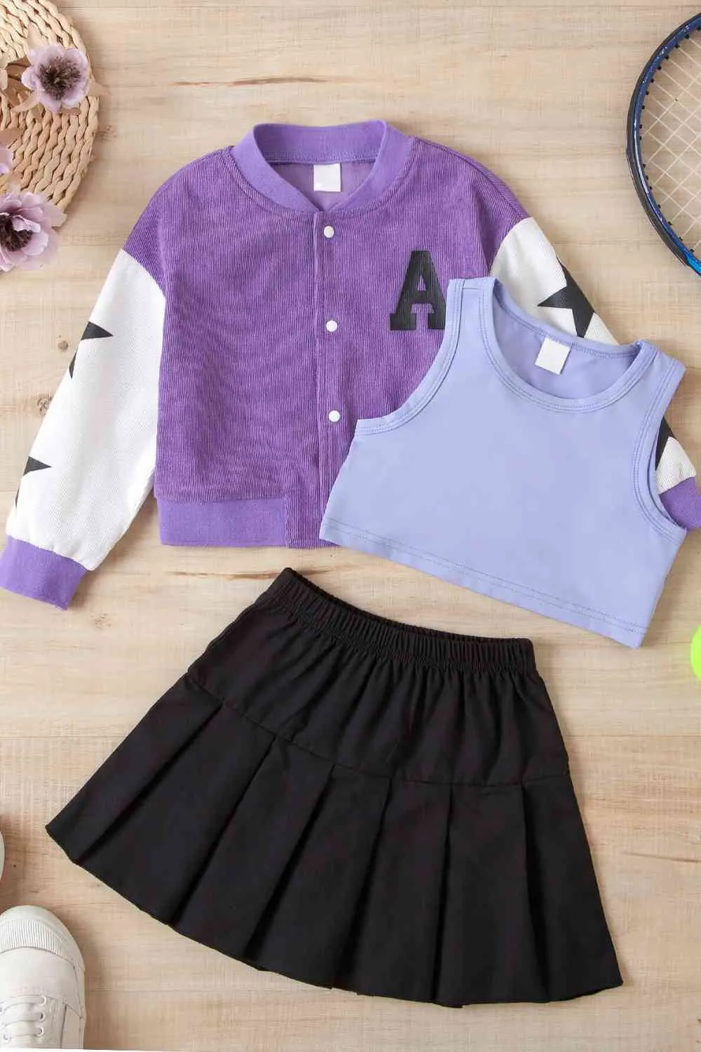 Girls Contrast Bomber Jacket, Tank, and Pleated Skirt Set