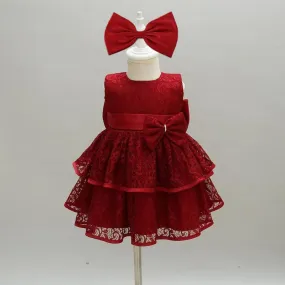 Girl's Gorgeous Red Bow Christmas Banquet Evening Dress Fashionable and Playful Lace Birthday Party Girl Princess Dress